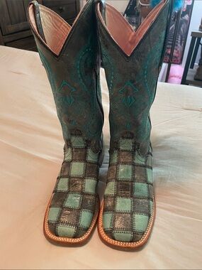 Ferrini Teal and Black Patchwork Heeled Cowboy Boots